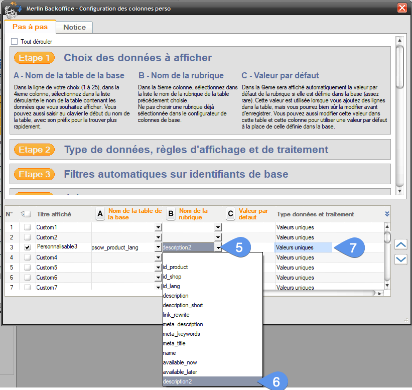 Custom fields, tuto 1 - image 4 - Choosing the field in the table